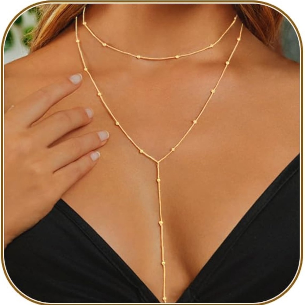 Lariat Gold Layered Necklace Women, Dainty Long Necklace 14k Gold Plated